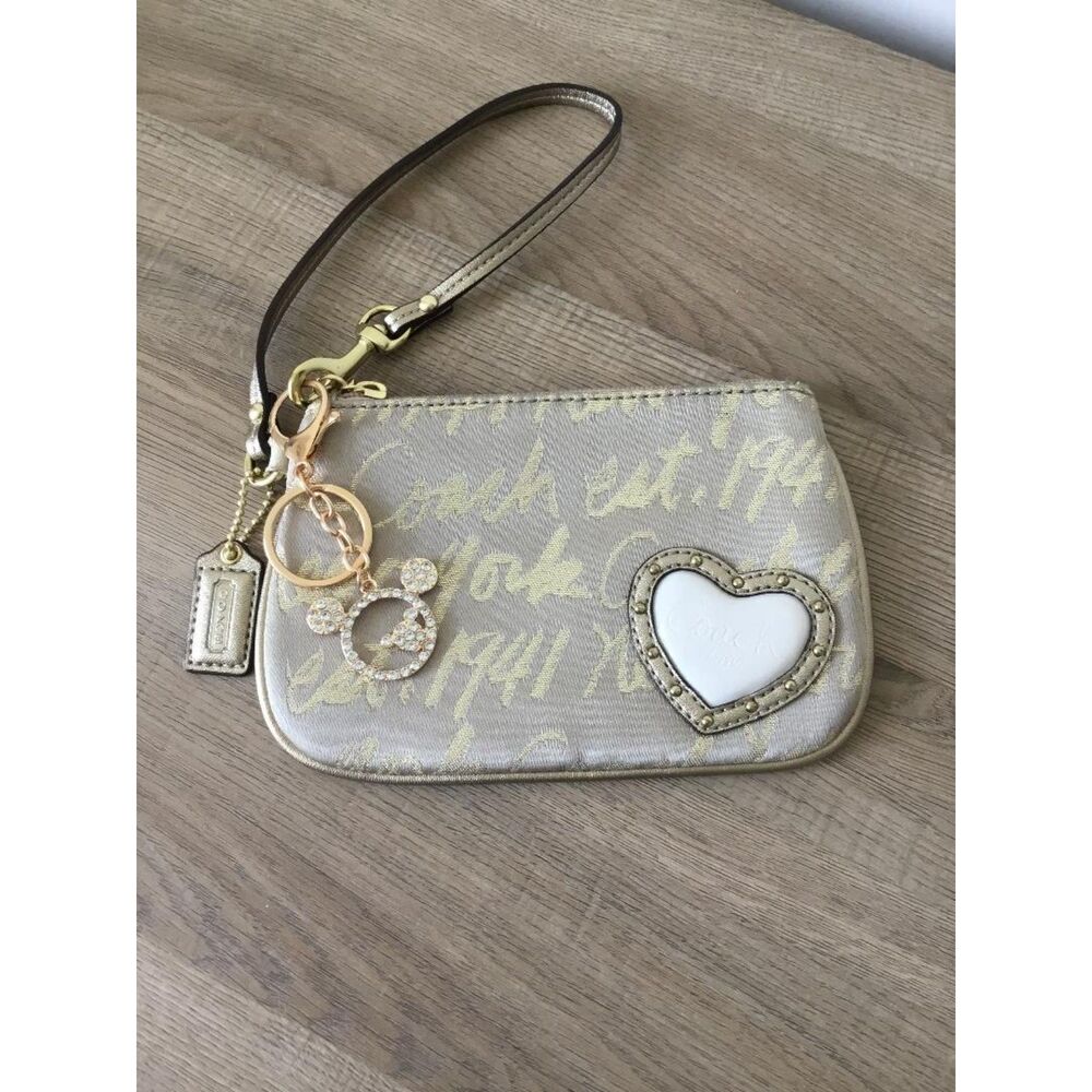 Coach New York 1941 Metallic Script Heart Wristlet Gold with Studding & Charm
